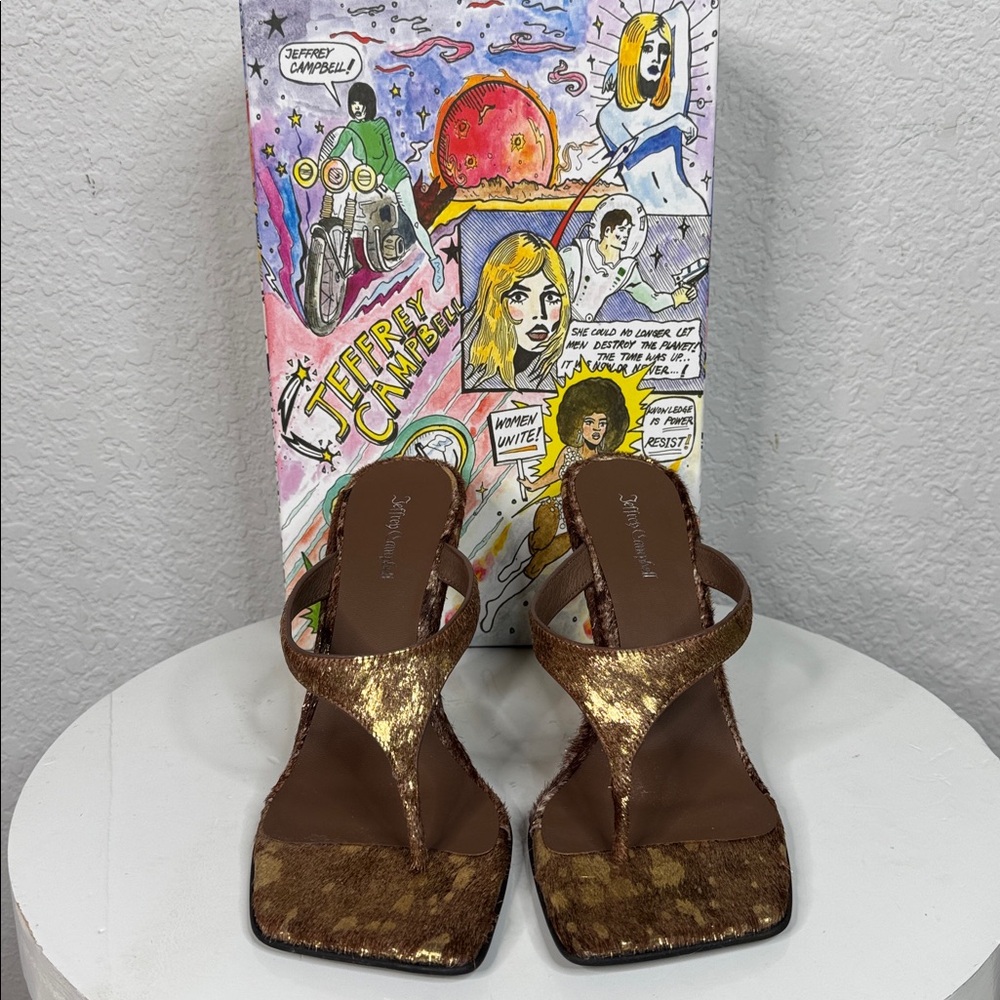 JEFFREY CAMPBELL ROMEE F CALF HAIR SCULPTED WEDGE SANDALS BROWN GOLD SPOT *NIB* - Picture 3 of 15
